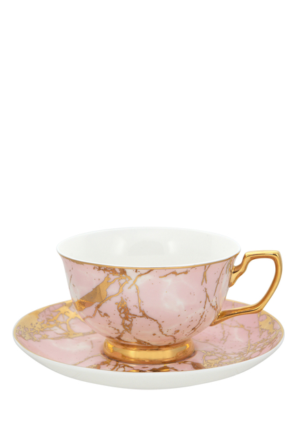 فنجان شاي وطبق بنقشة حجر الكوارتز الوردي